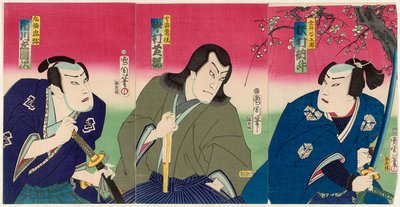 Acteurs Sawamura Tossho II als Kanai Tanigoro, Nakamura Shikan IV als Uji Joetsu, en Ichikawa Sadanji I als Marubashi Chuya door Toyohara Kunichika